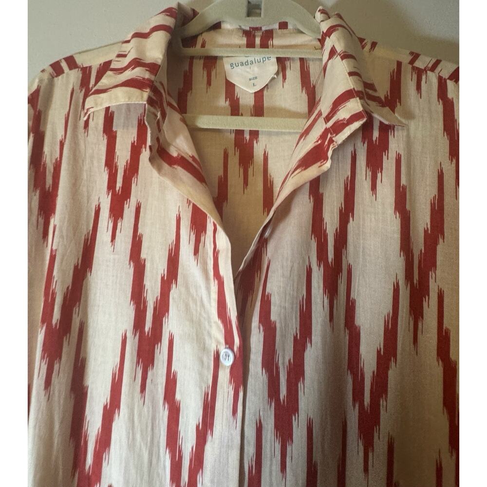 Guadalupe SZ Large Meredith Red Ikat Dress drop waist 1/4 button Cottagecore - Picture 2 of 11